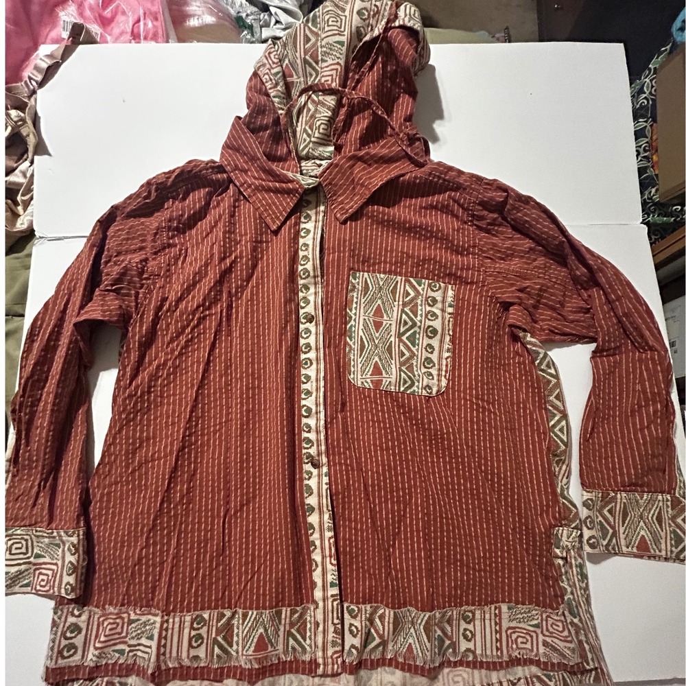 Blue Velvet Womens Boho Hooded Button Down Shirt Rust Tribal Print Lg Oversized